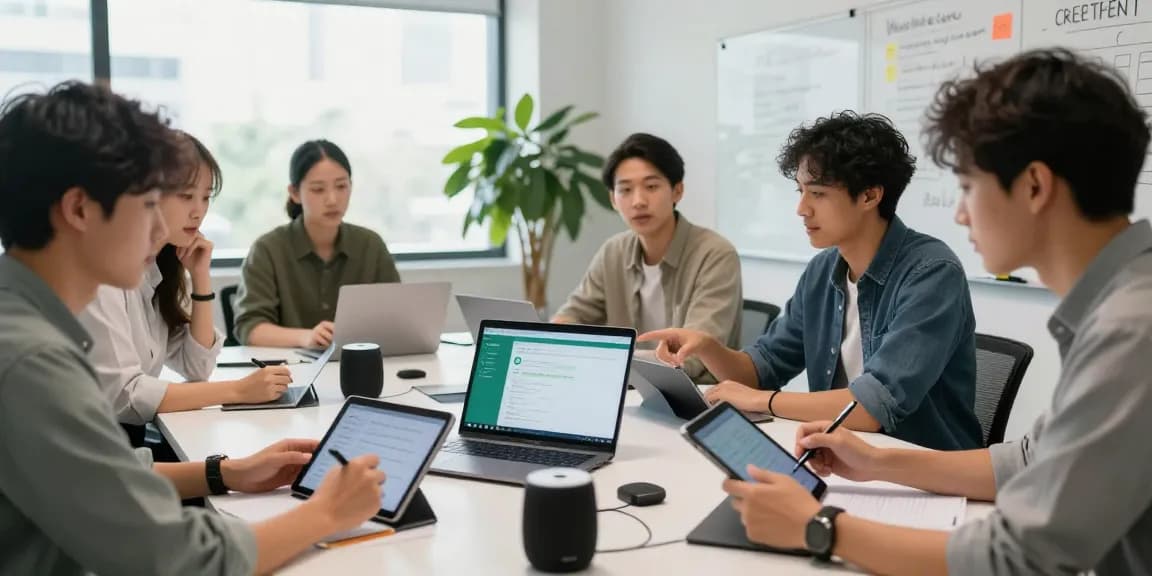 WhatsApp下載: developers collaborating in a modern workspace discussing app features.