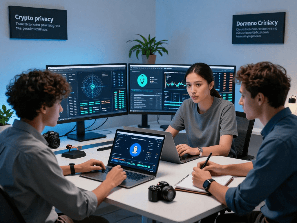 Tornardocash team discussing blockchain privacy solutions in a modern workspace, showcasing Tornado Cash technology.