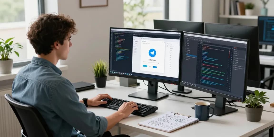 Engaging workspace with programmer coding Telegram Download on multiple screens in a modern office environment.