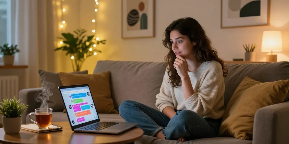 Engaging in ai porn chat on a laptop in a cozy home setting.