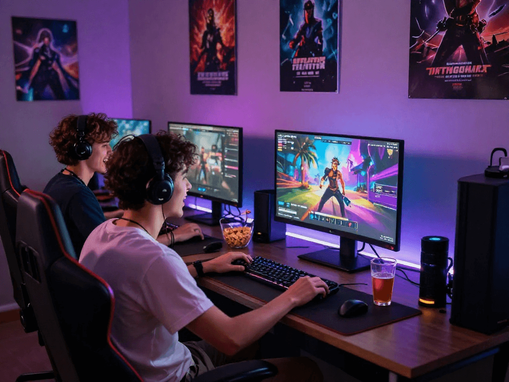 Players enjoying a porngame together, surrounded by gaming gear and snacks.