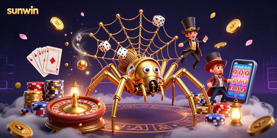 sunwin illustrates dynamic casino scene with steampunk spider, poker chips, and gems