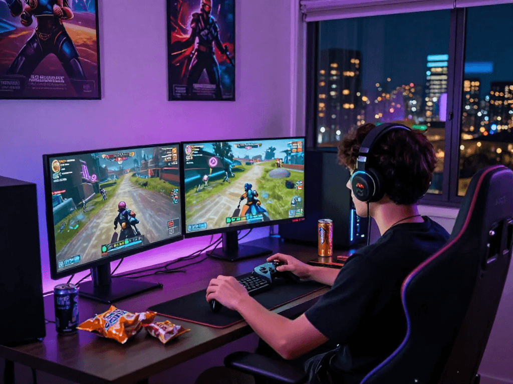 Engaged player enjoying a thrilling 3d porn game on dual monitors with vibrant graphics.
