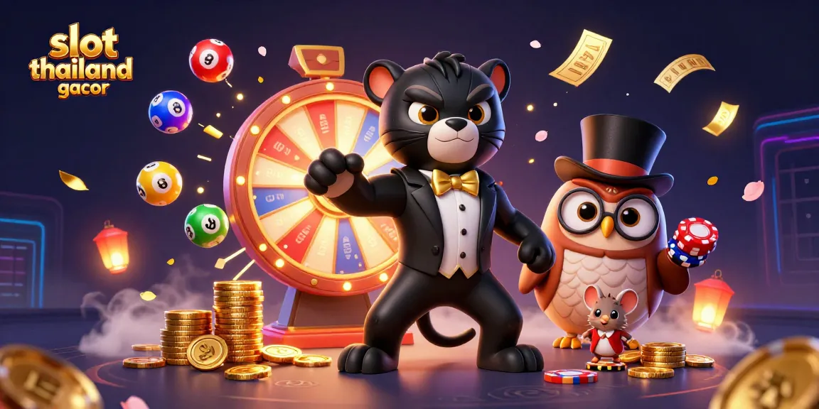 Engaging illustration of slot thailand gacor featuring a stylish black panther, an owl with poker chips, and a lucky mouse amidst vibrant casino elements.