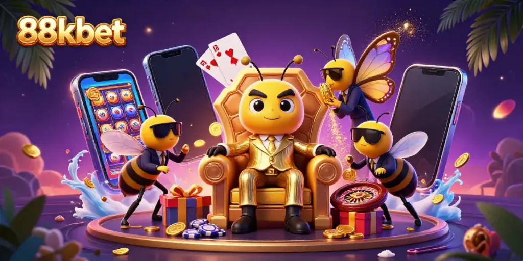 Experience the excitement of 88kbet with vibrant casino elements and engaging characters in a dynamic 3D scene.