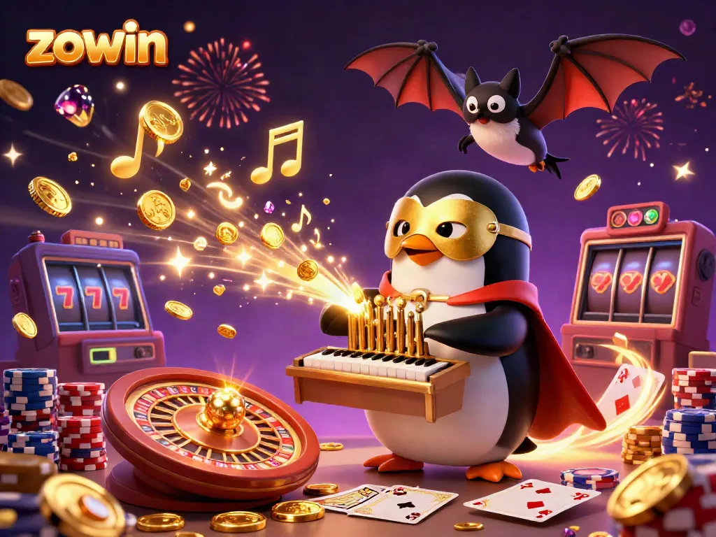 Win big with zowin as the penguin plays, coins flying in a vibrant casino scene.