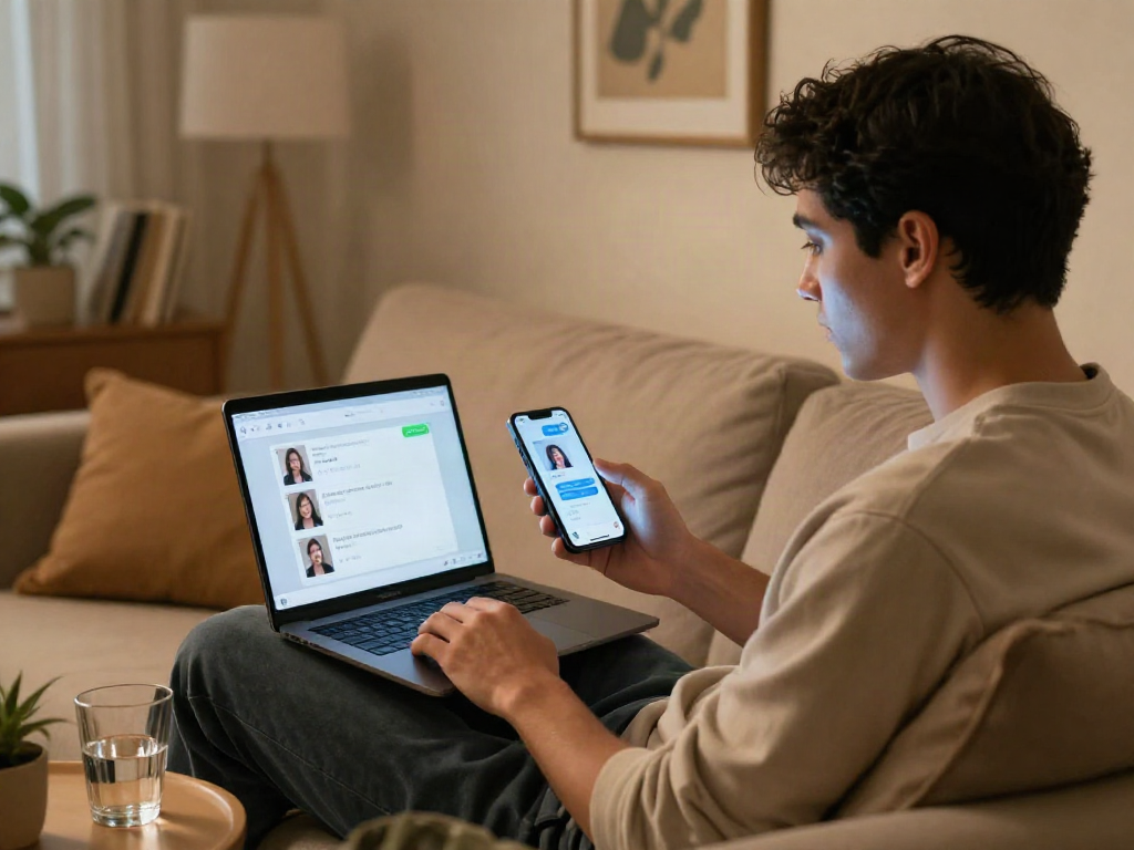 User engaged in ai porn chat with interactive AI avatars on smartphone and laptop in cozy setting.