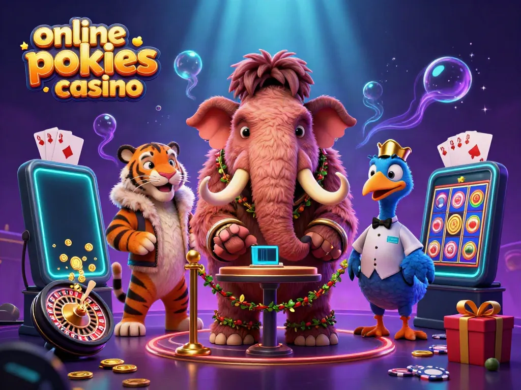 Experience the thrill of an online pokies casino with a colorful 3D scene featuring unique characters and vibrant game elements.
