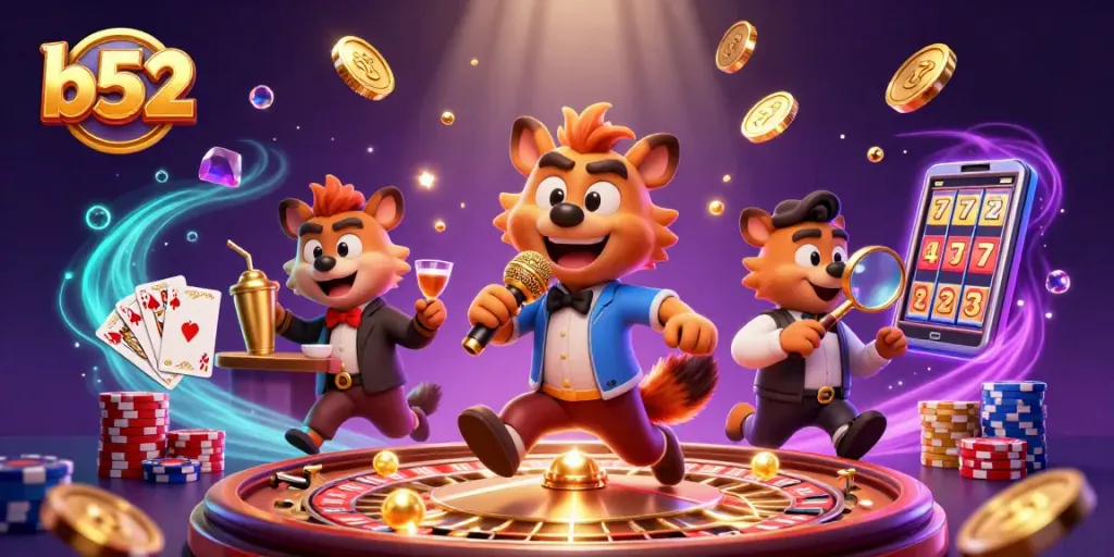 Experience b52 casino thrills with playful hyenas serving drinks and jokes amid vibrant games.