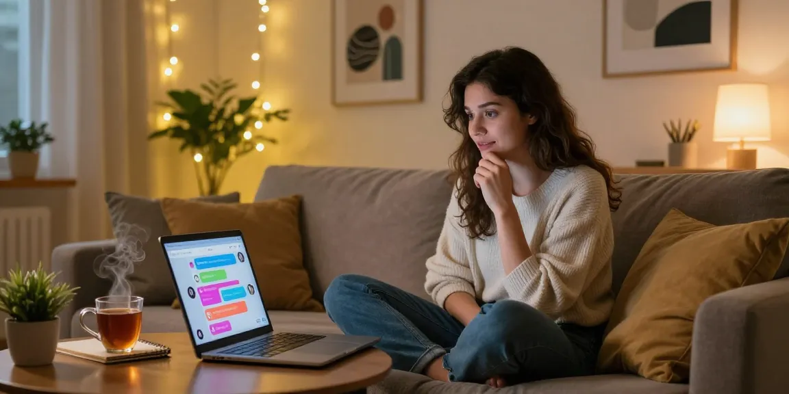 Engaging in ai porn chat on a laptop in a cozy home setting.