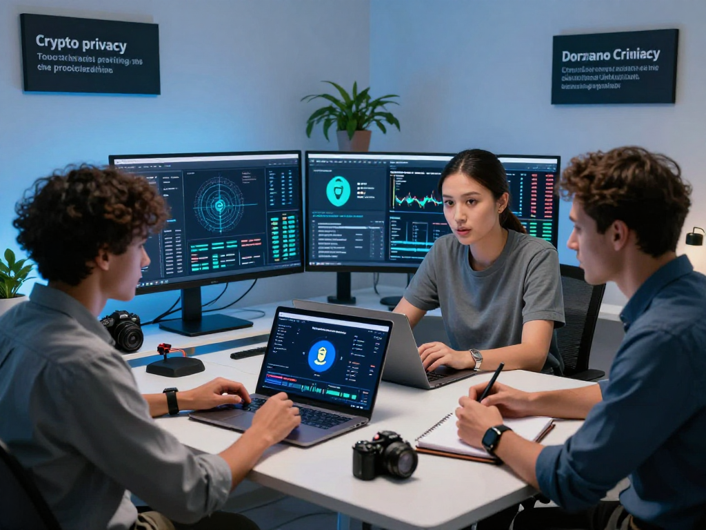 Tornardocash team discussing blockchain privacy solutions in a modern workspace, showcasing Tornado Cash technology.