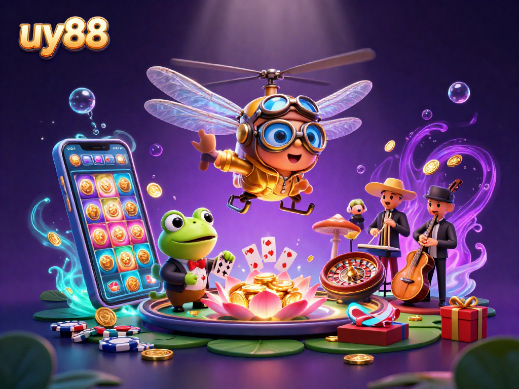uy88 engages players with vibrant slot games and dynamic gaming experiences in this lively casino illustration.