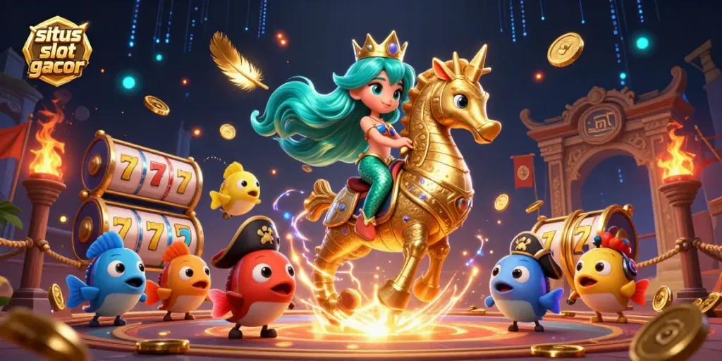 Immerse in the vibrant world of situs slot gacor with a colorful mermaid character and dynamic gambling elements.