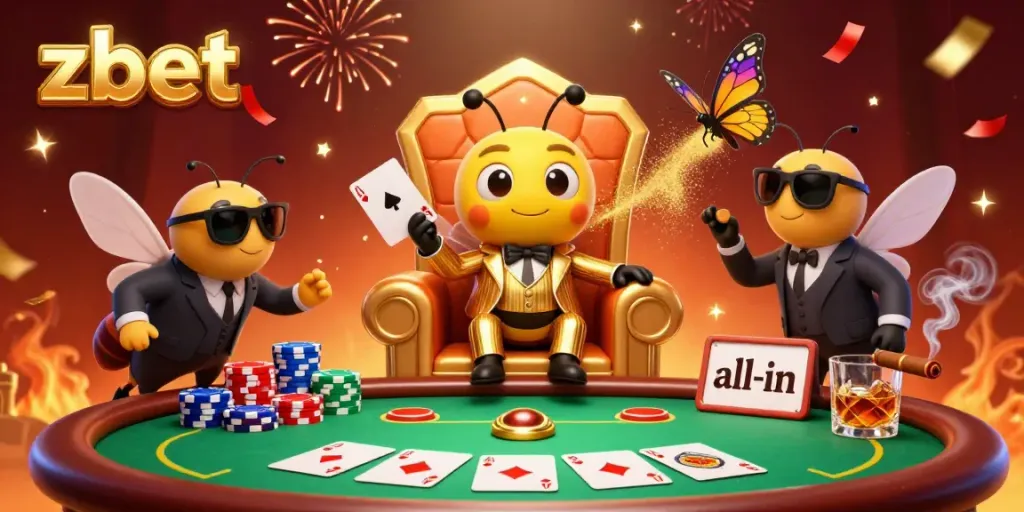 ZBET showcases a vibrant gambling scene with a bumblebee mob boss, poker elements, and festive confetti.
