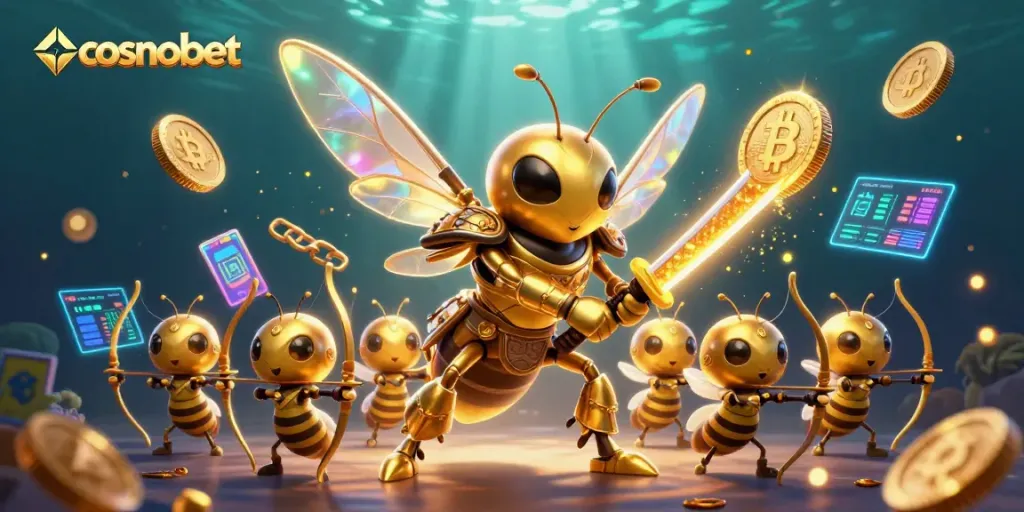 Play exciting games at cosmobet while enjoying vibrant visuals of a golden hornet and crypto elements.