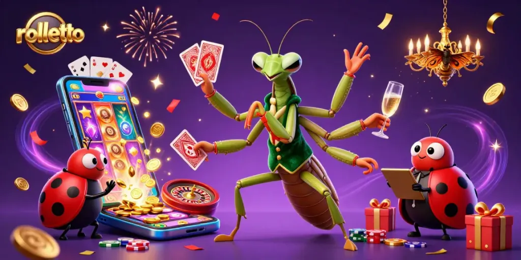 Rolletto casino illustration showcasing a praying mantis card sharp and ladybug pit boss amidst vibrant gaming elements.