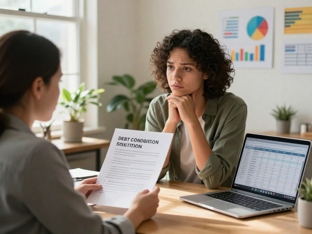 Financial counselor explaining debt consolidation options to client.