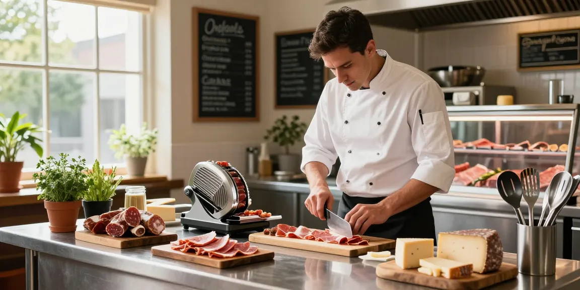Deli meat slicers in a warm kitchen where a chef prepares artisanal meats and cheeses.