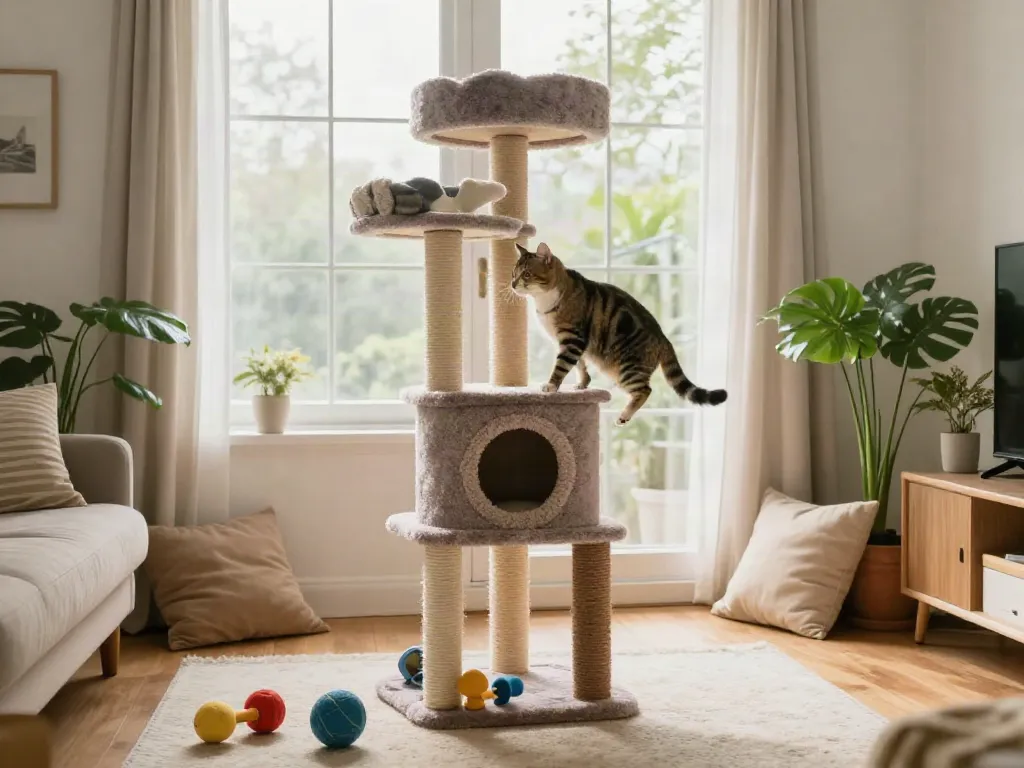 tabby cat climbing a vibrant cat tower cat tree in a sunny living room