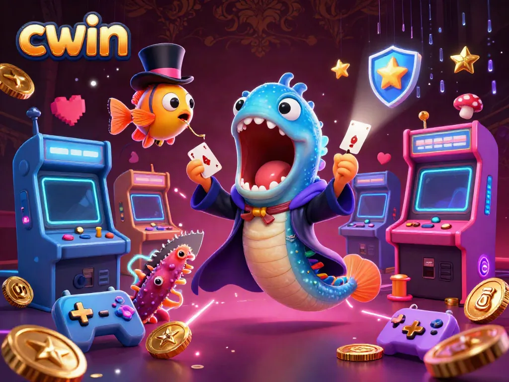 Experience the vibrant excitement of CWIN’s magical casino atmosphere with colorful characters and game elements.