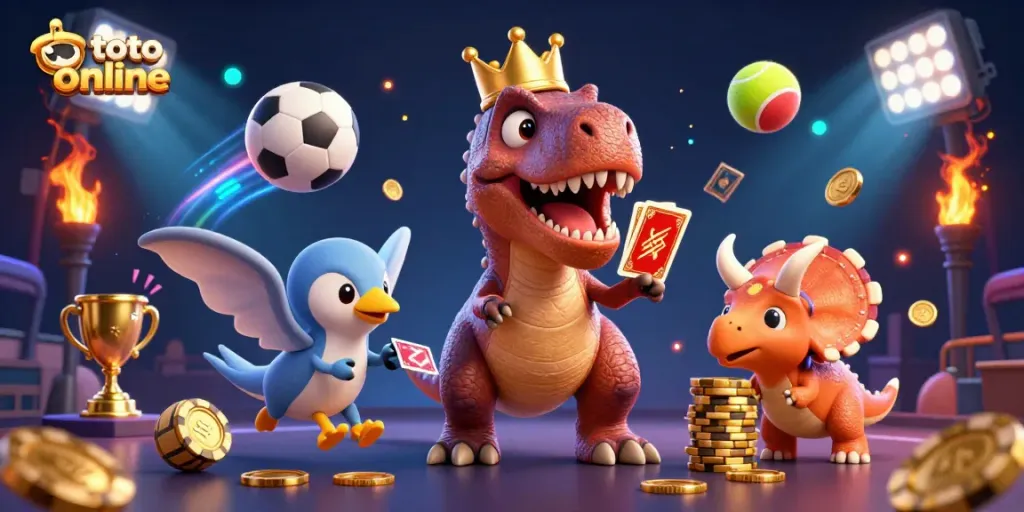 Experience exciting toto online betting with a playful dinosaur-themed casino scene full of action.