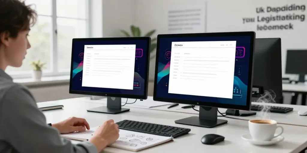 Professional engaged in .uk domain registration at a modern desk with dual monitors.