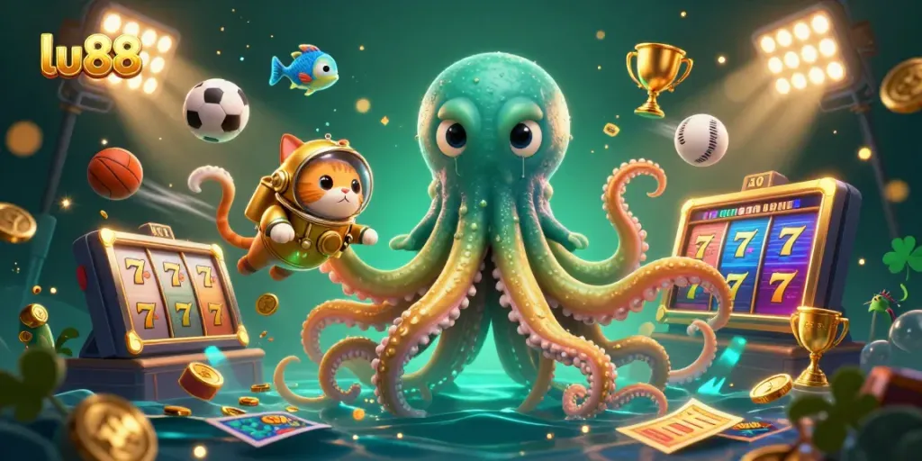 Experience winning adventures at lu88 with a dazzling 3D illustration of a kraken, diving cat, and vibrant game elements.