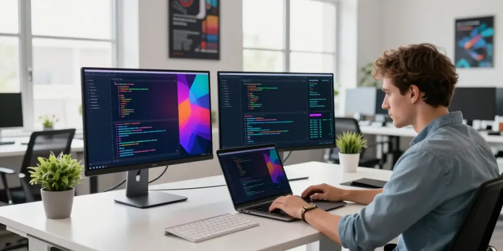 Developer utilizing instant indexing tools on dual monitors in a modern office.