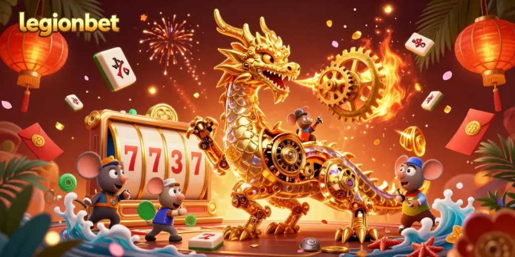 Experiencing thrilling gameplay at legionbet with a golden dragon and vibrant casino elements.