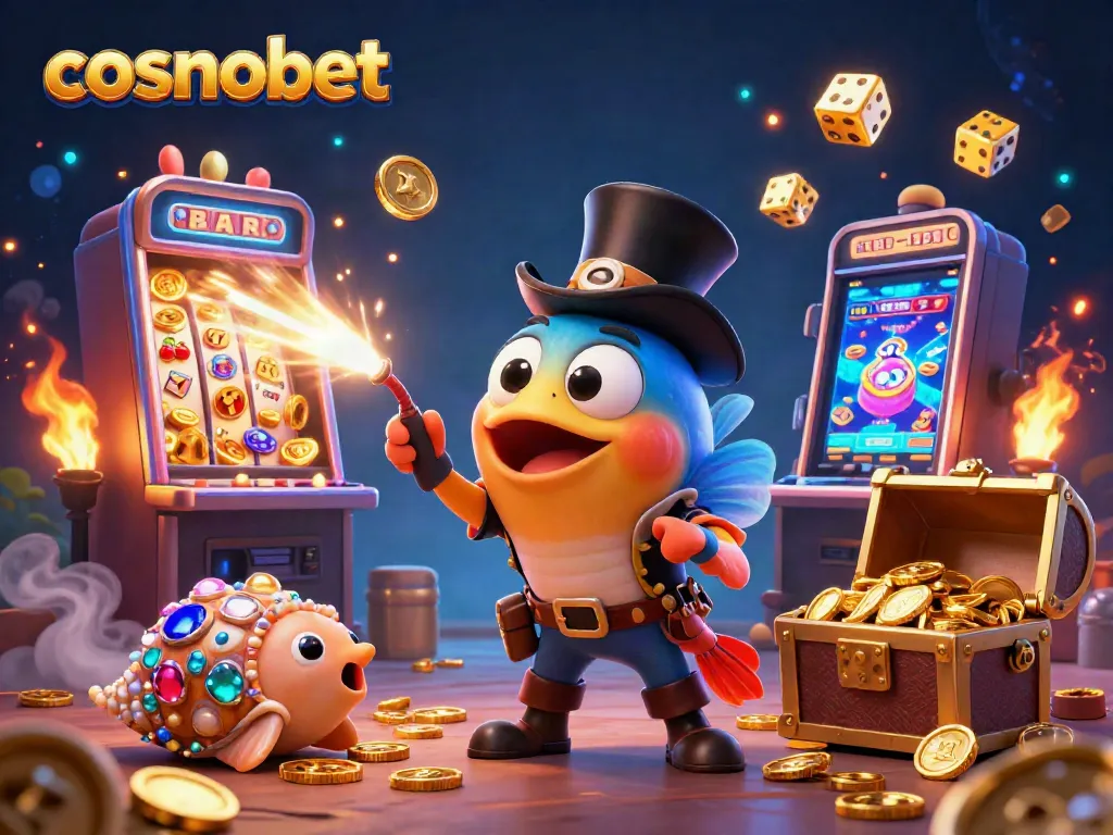 Win big at Cosmobet with dynamic 3D casino illustration featuring slots and treasure!