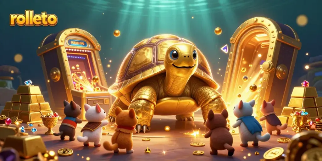 Play exciting games at rolletto with rich treasures and interactive characters in a vibrant casino scene.