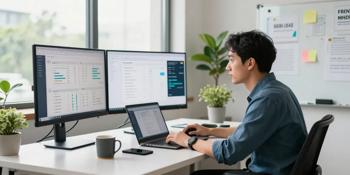 Data analyst using AI SEO tools analytics in a modern office.