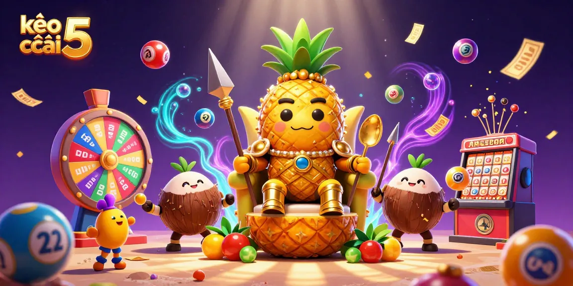 Engage with kèo nhà cái 5 in a vibrant tropical casino illustration featuring dynamic game elements and characters.