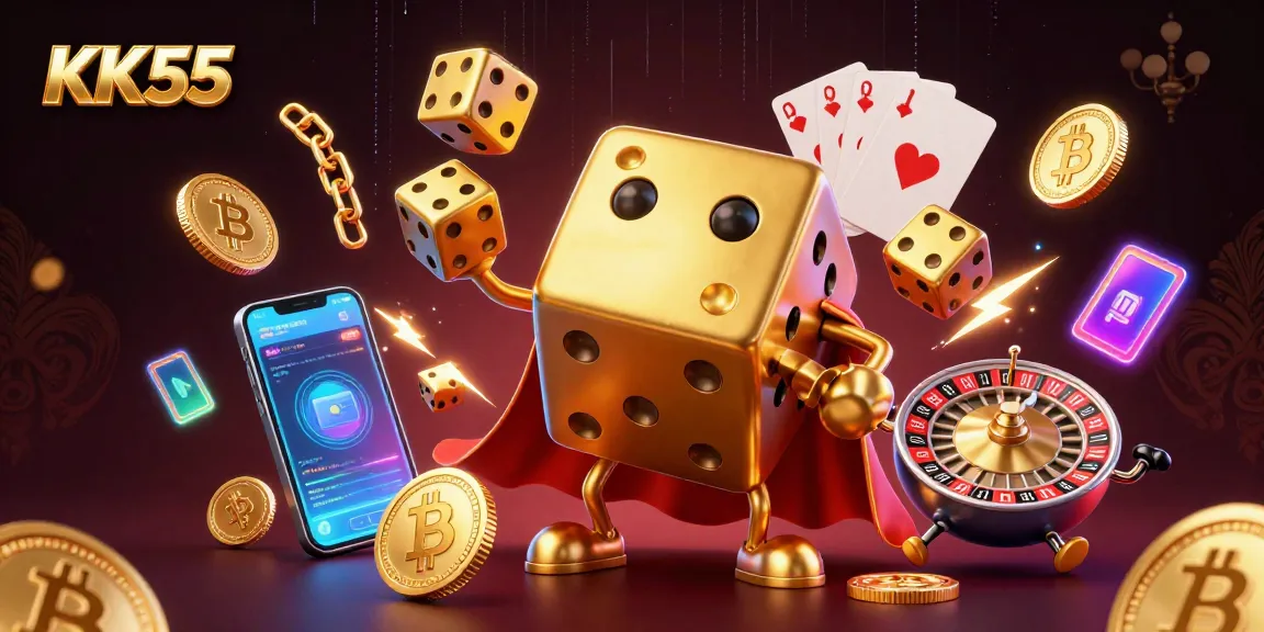 Experience thrilling gameplay at KK55 with a dynamic scene of golden dice and cryptocurrency.