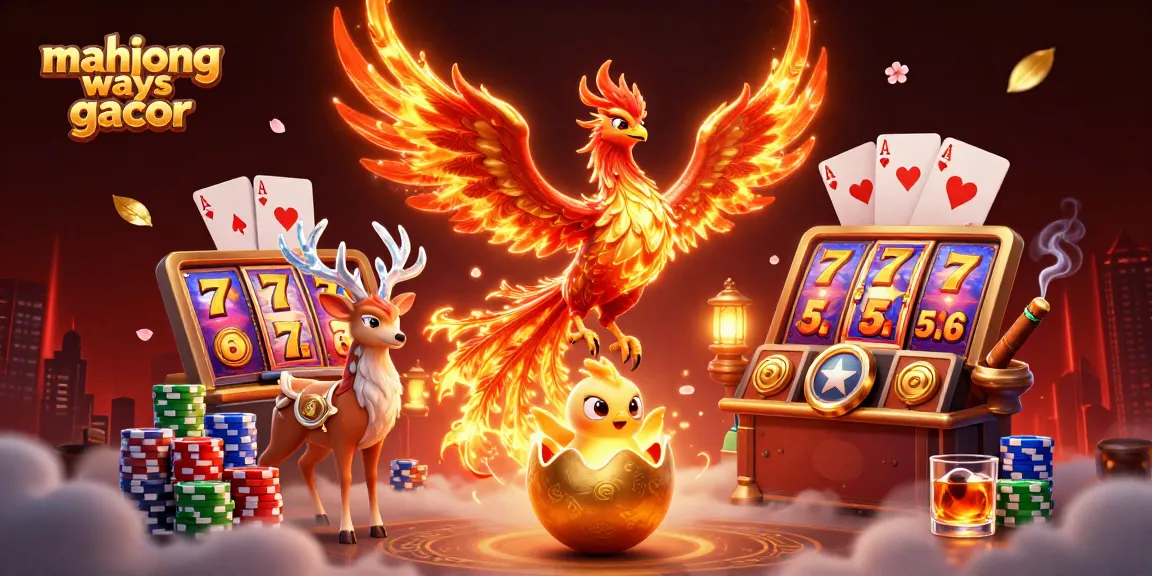 Engage with mahjong ways gacor in a dynamic casino scene featuring slot reels, a phoenix, and rich elements.