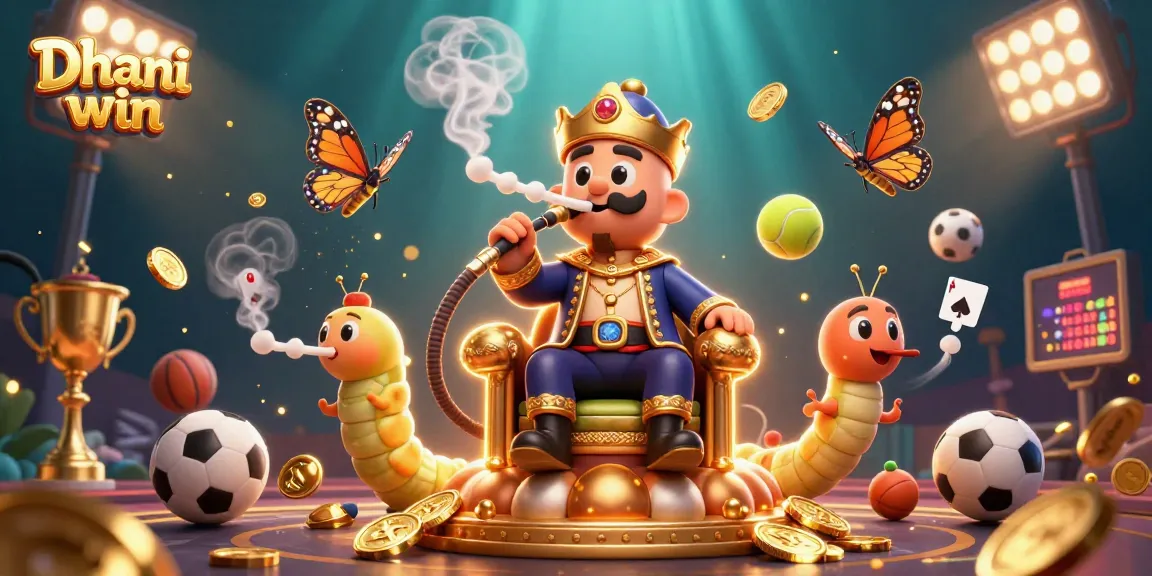 Dhani win platform offers a vibrant gaming scene featuring a whimsical caterpillar blowing smoke rings alongside dynamic sports elements.