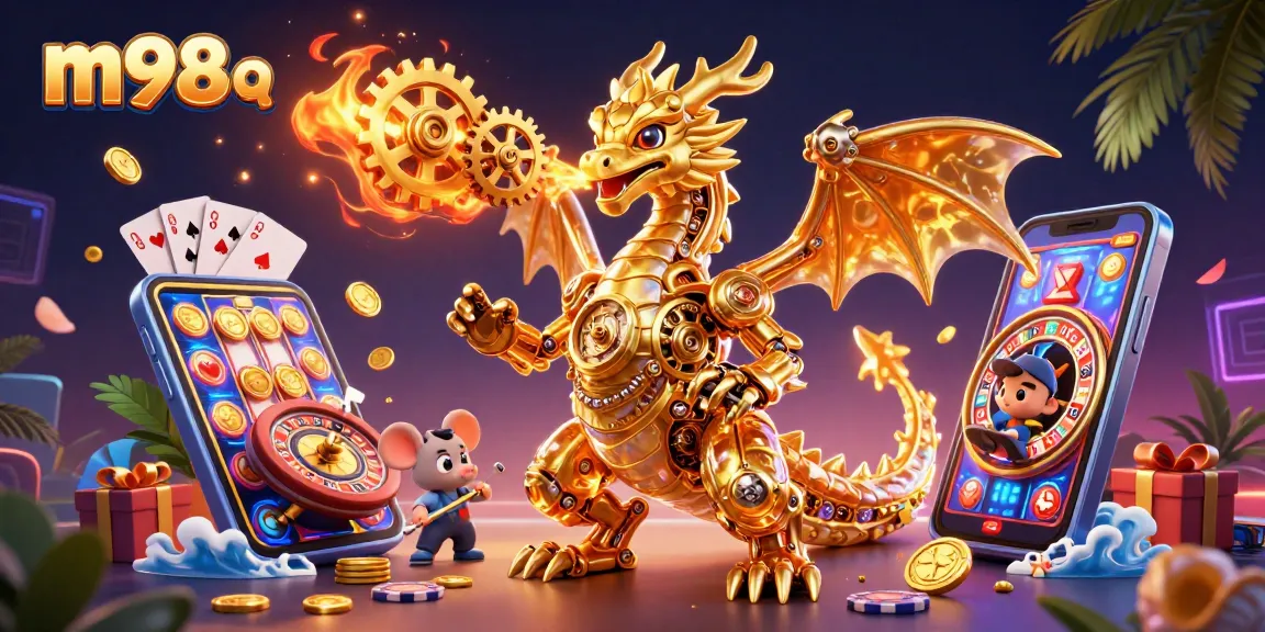 Experience excitement with M98 Q as a golden dragon breathes cogs amongst slot games and casino elements.